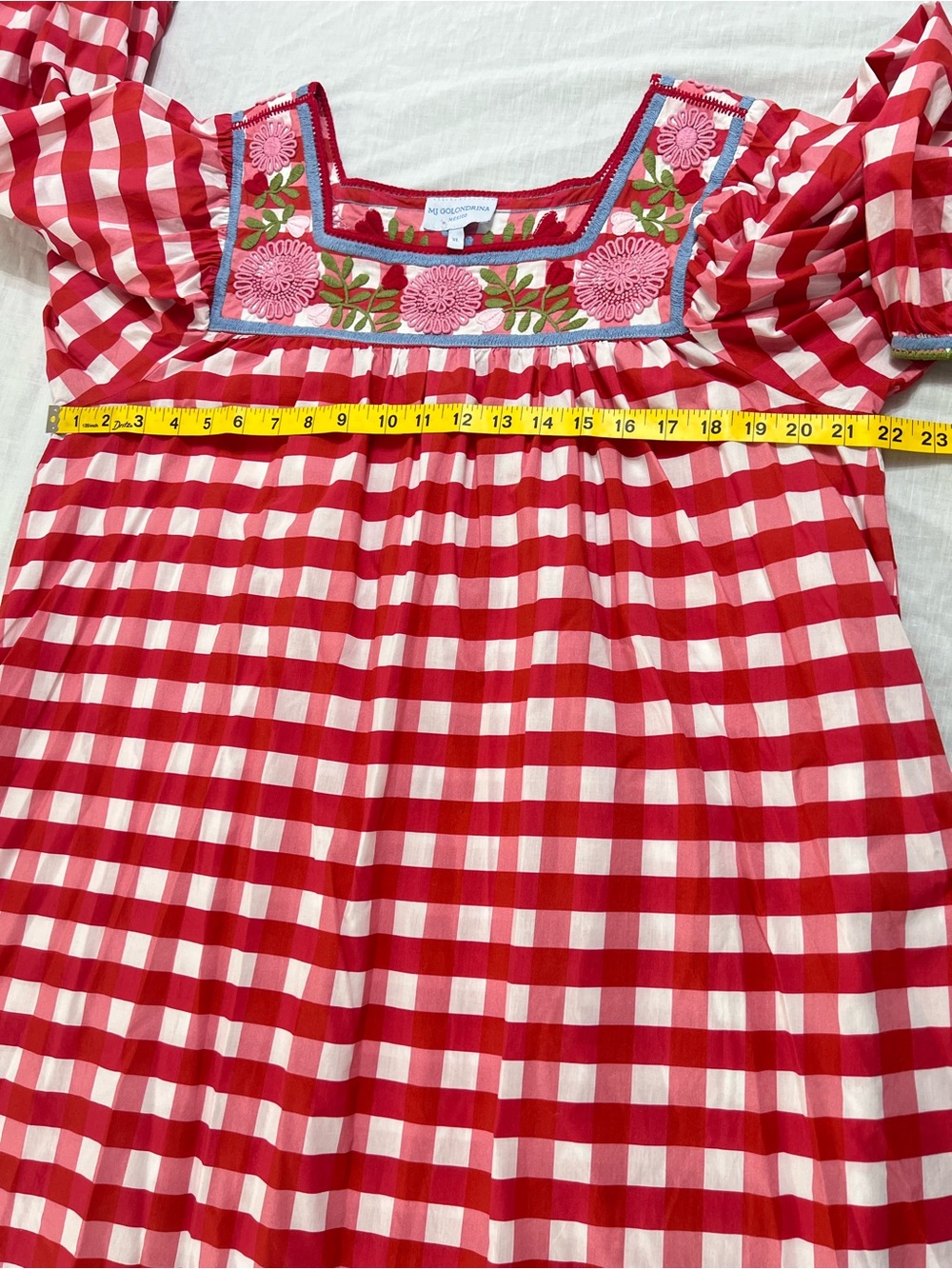 Mi Golondrina Red Pink and White Gingham Embroidered Peasant Short Dress XL - Picture 4 of 7
